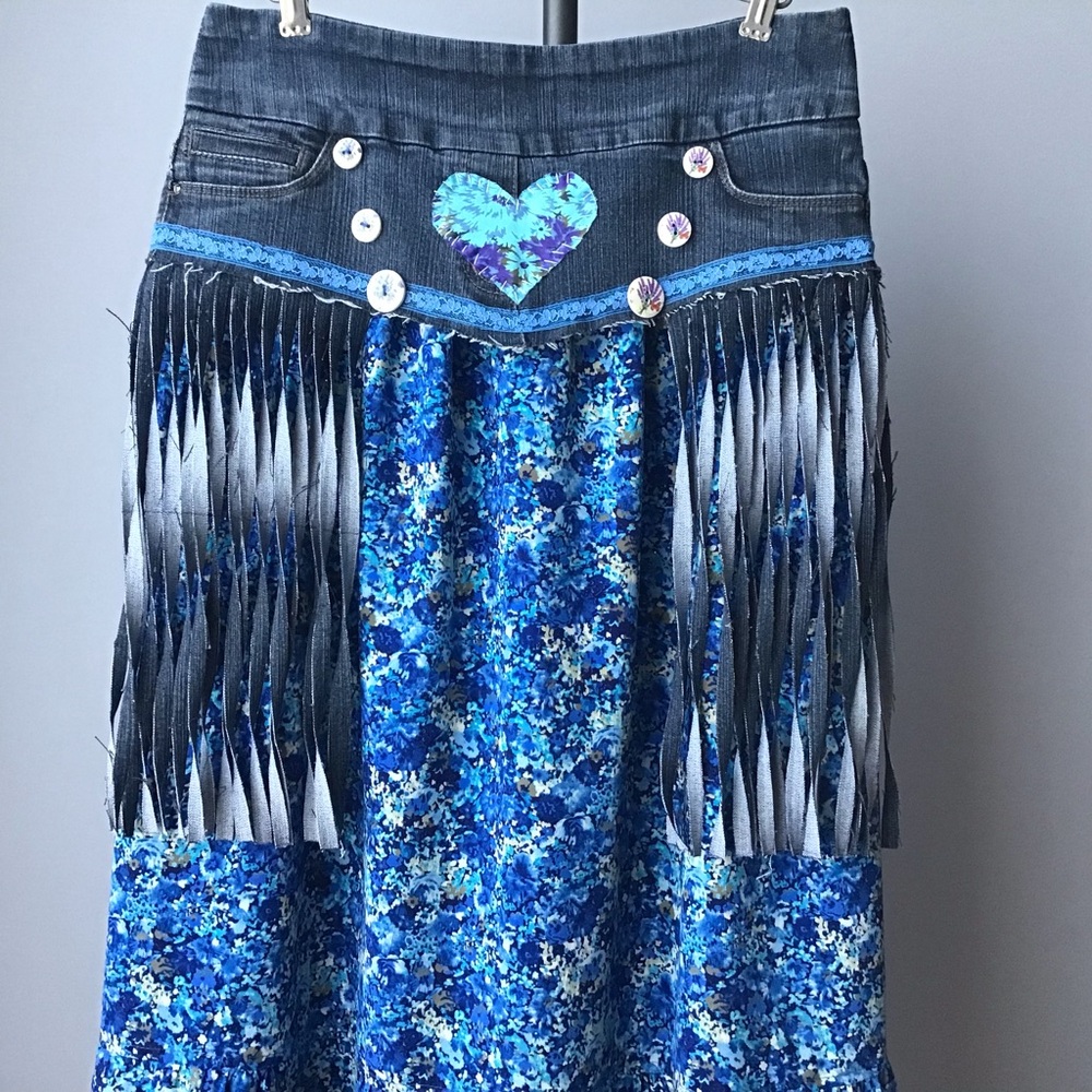 Handmade Upcycled denim floral maxi boho skirt fringe heart patches
